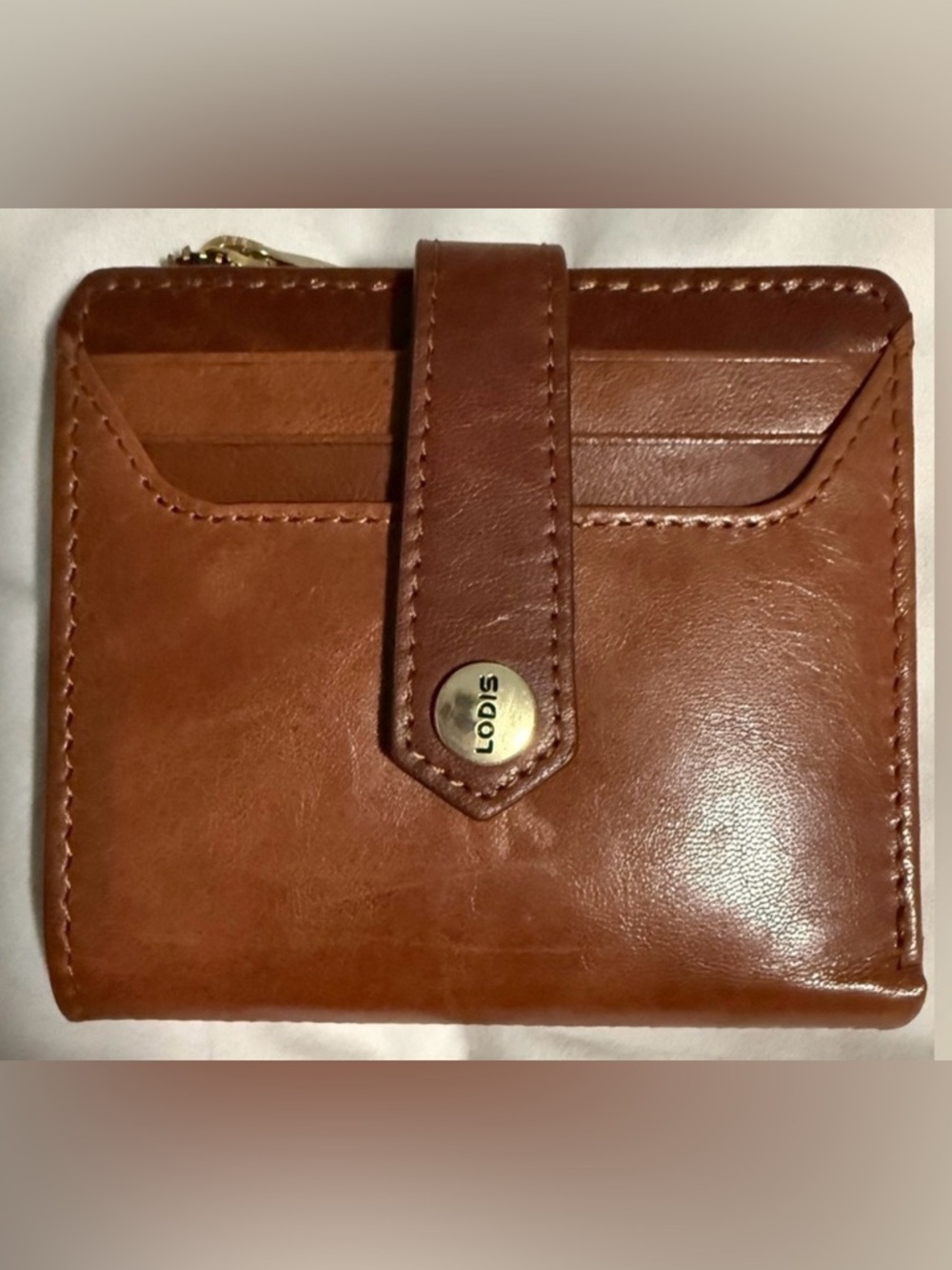 Lodis Brown Leather Wallet with zip top coin pouch and Gold Accents! NEW